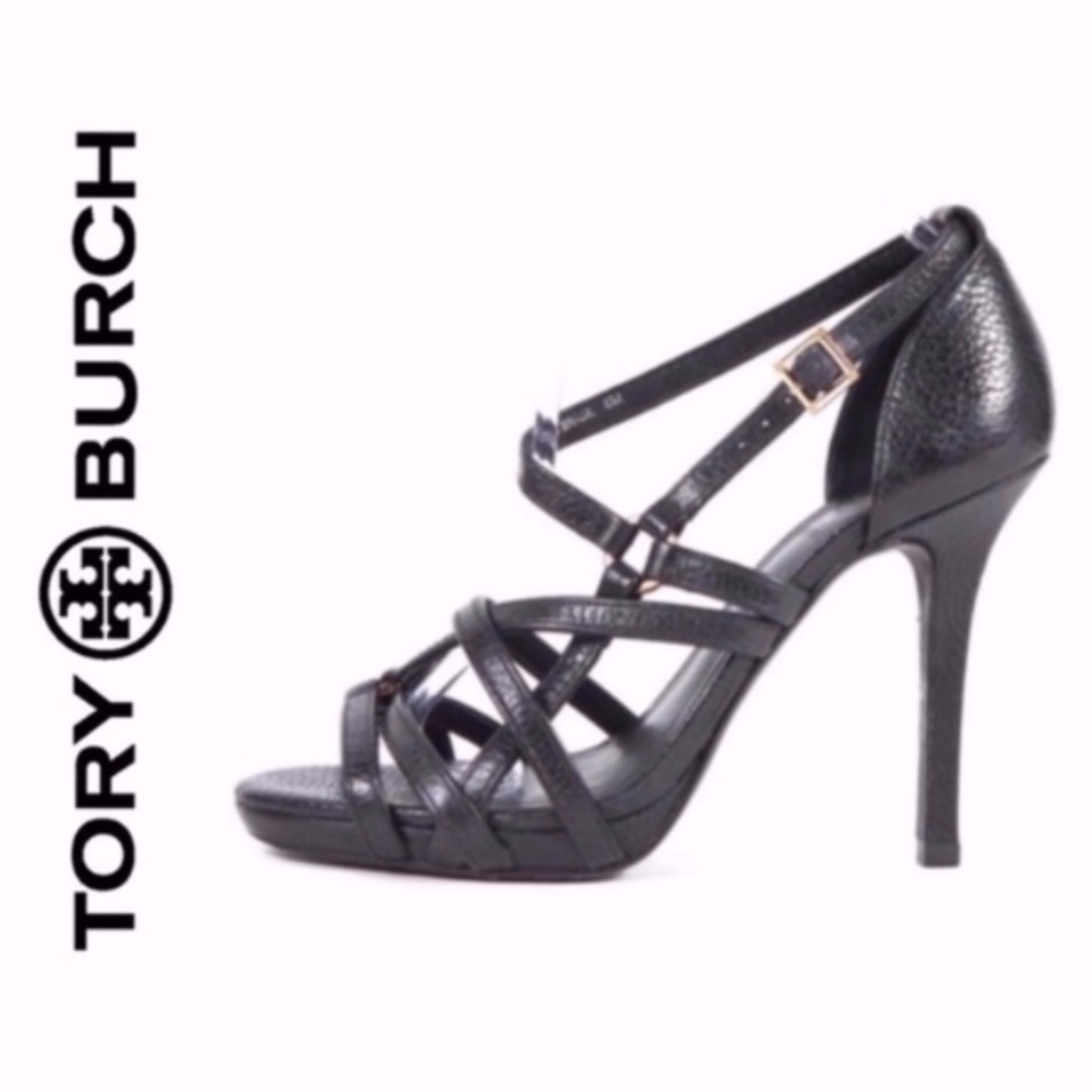 Tory Burch Black Pebbled Leather Strappy Heels